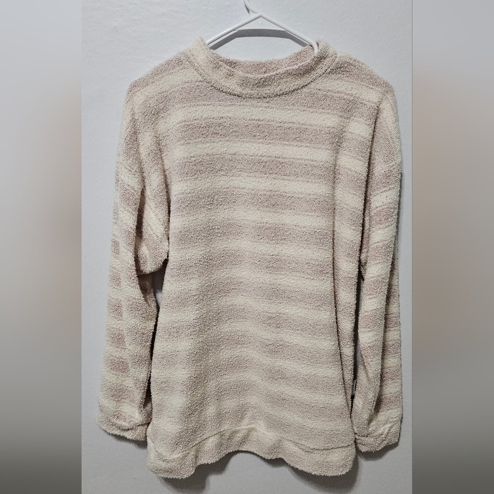 Woolly Threads Sweater Lrg Pink White Striped Crew Neck Terry Cloth Sweater B10